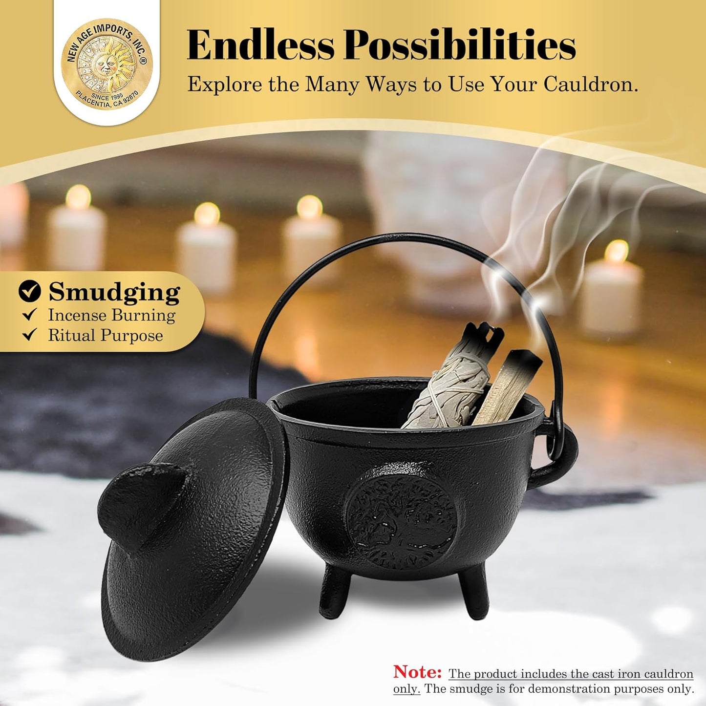 New Age Imports, Inc. Cast Iron Cauldron w/handle & lid, ideal for smudging, incense burning, ritual purpose, decoration, halloween decoration, candle holder, etc. (Pot Style 4" Dia (BR90))