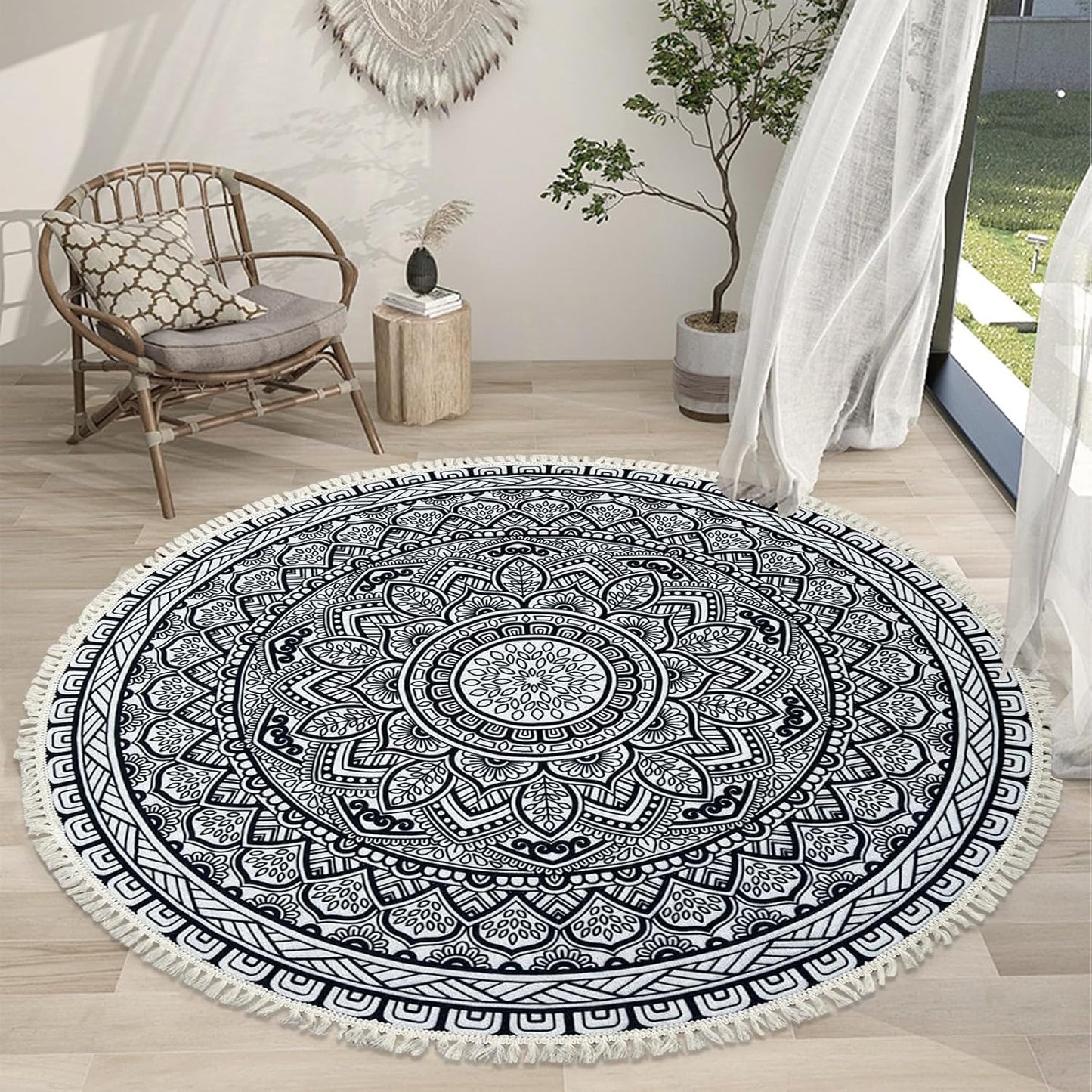 Boho Rug 5Ft Round Bedroom Carpet Circle Nonslip Farmhouse Area Rug Rustic Mandala Floor Mat for Living Room Locker Room Tassel Yoga Throw Rugs Washable Doormat, Purple