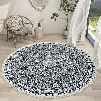 Boho Rug 5Ft Round Bedroom Carpet Circle Nonslip Farmhouse Area Rug Rustic Mandala Floor Mat for Living Room Locker Room Tassel Yoga Throw Rugs Washable Doormat, Purple