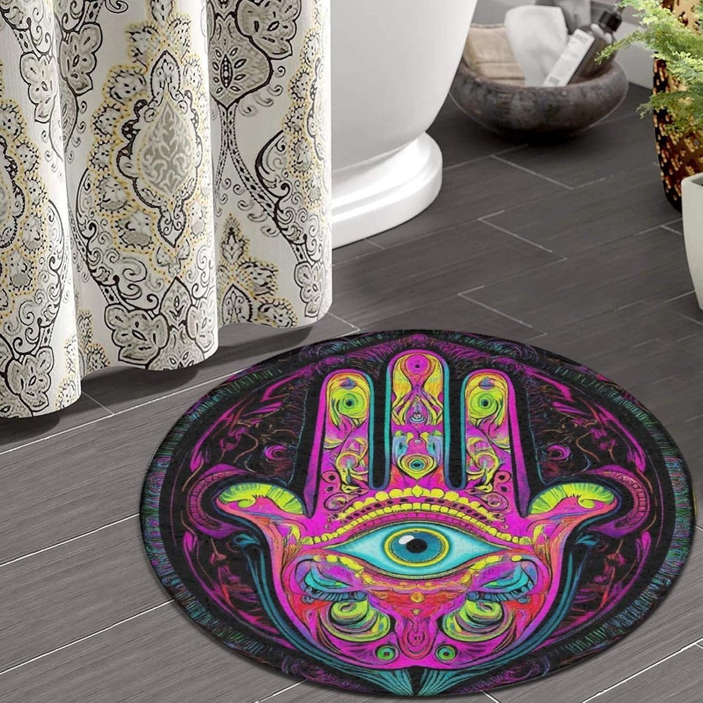 Machine Washable Modern Round Area Rug, Room Sofa Yoga Soft Round Carpet, Home Decor Non Slip Kitchen Office Circle Rug Trippy Rainbow Mushroom Tie Dye Art, 60inch