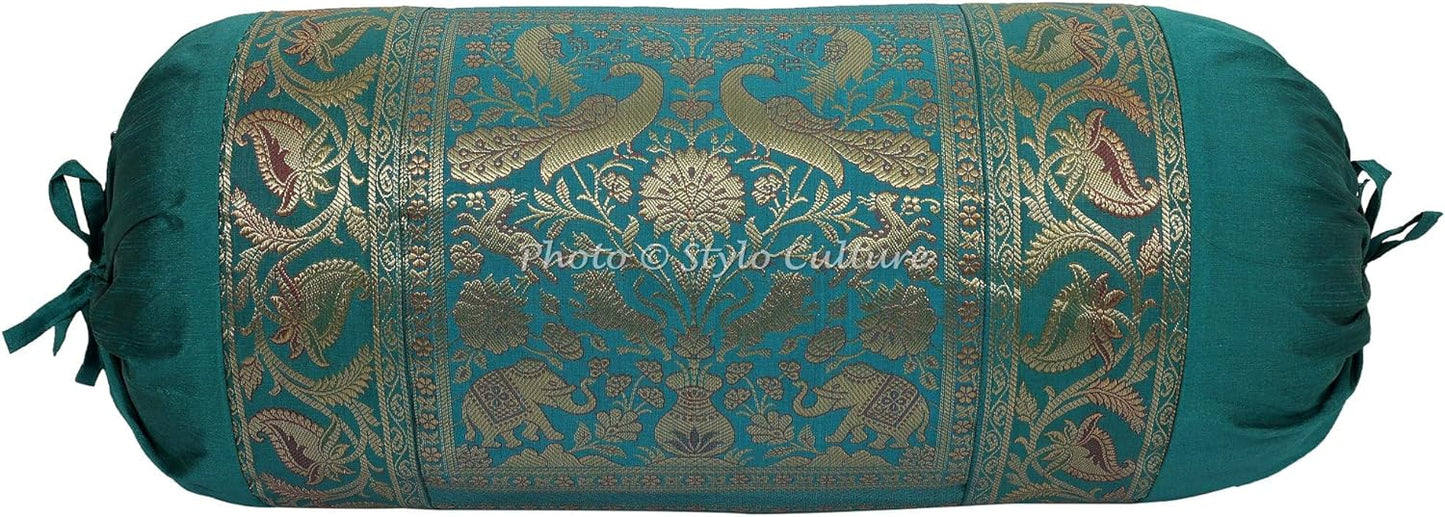 Ethnic Polydupion Cylindrical Yoga Bolster Pillow Cover Dark Green Jacquard Brocade Border Elephant Large Sofa Round Cylinder Cushion Cover (1 Pc) | 30x15 Inches (76x38 cm)
