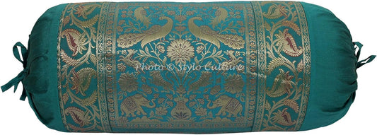 Ethnic Polydupion Cylindrical Yoga Bolster Pillow Cover Dark Green Jacquard Brocade Border Elephant Large Sofa Round Cylinder Cushion Cover (1 Pc) | 30x15 Inches (76x38 cm)