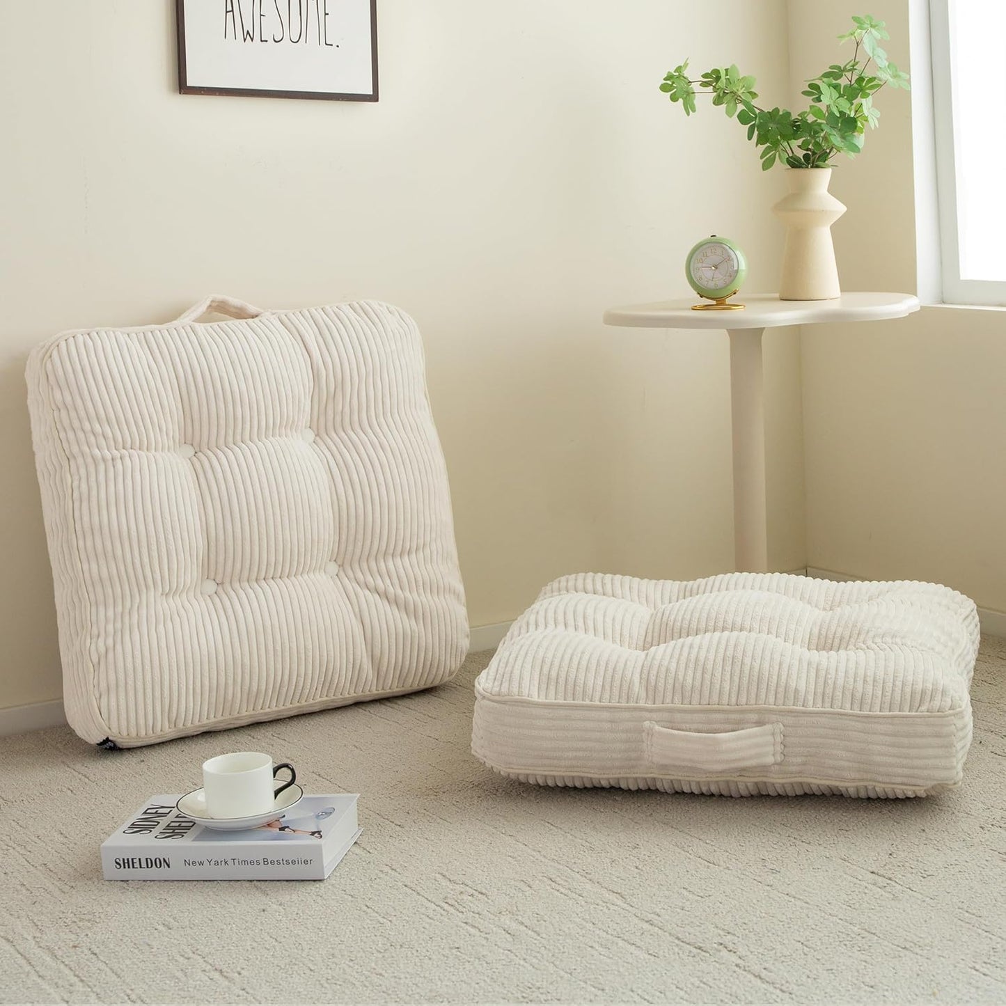 HIGOGOGO Floor Pillow Cushion for Adults, Meditation Cushion Pillow, Large Square Floor Sitting, Tufted Corduroy Cover, for Tatami Living Room or Yoga, 22x22 Inch, Dark Grey