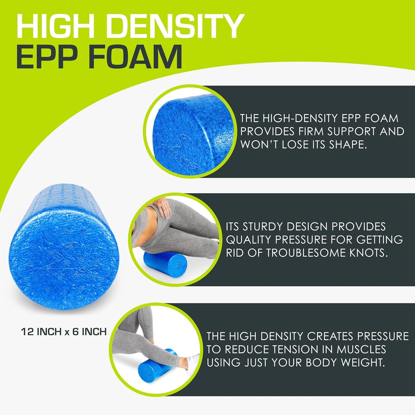ProsourceFit High Density Foam Rollers 12 - inches long, Firm Full Body Athletic Massage Tool for Back Stretching, Yoga, Pilates, Post Workout Muscle Recuperation, Black