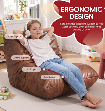 Hobestluk Giant Bean Bag Chair Lazy Floor Sofa, Memory Foam Fireside Sofa for Adults, Big Beanbag Faux Leather Armless Chair for Living Room Bedroom Dorm Office (Brown, Single)