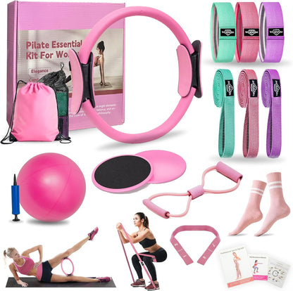 DICYWUDI Pilates Essentials Kit for Home Women, Pilates Equipment for Workouts, 6 Fabric Resistance Bands, 12 Inch Magic Circle Yoga Ring, Mini Exercise Ball, Great Exercise Equipment