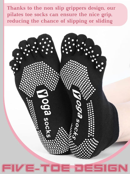 Fourluoo 6 Pairs Women Toe Socks Non Slip Yoga Socks with Grip Men Pilates Toe Socks for Dance Gym