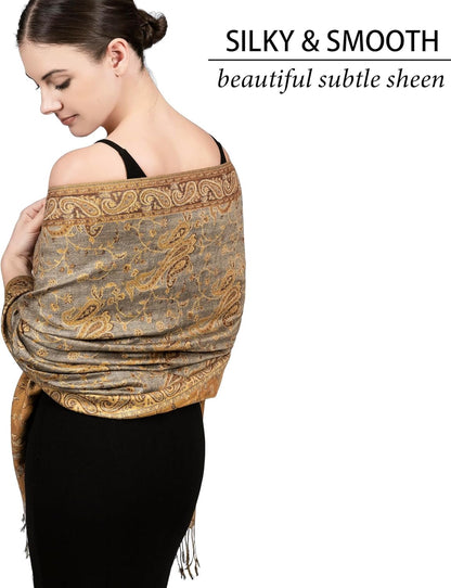 Achillea Reversible Paisley Pashmina Rave Scarf – Exotic Indian Shawls and Wraps for Evening Dresses, Festivals, All Seasons - Colors B