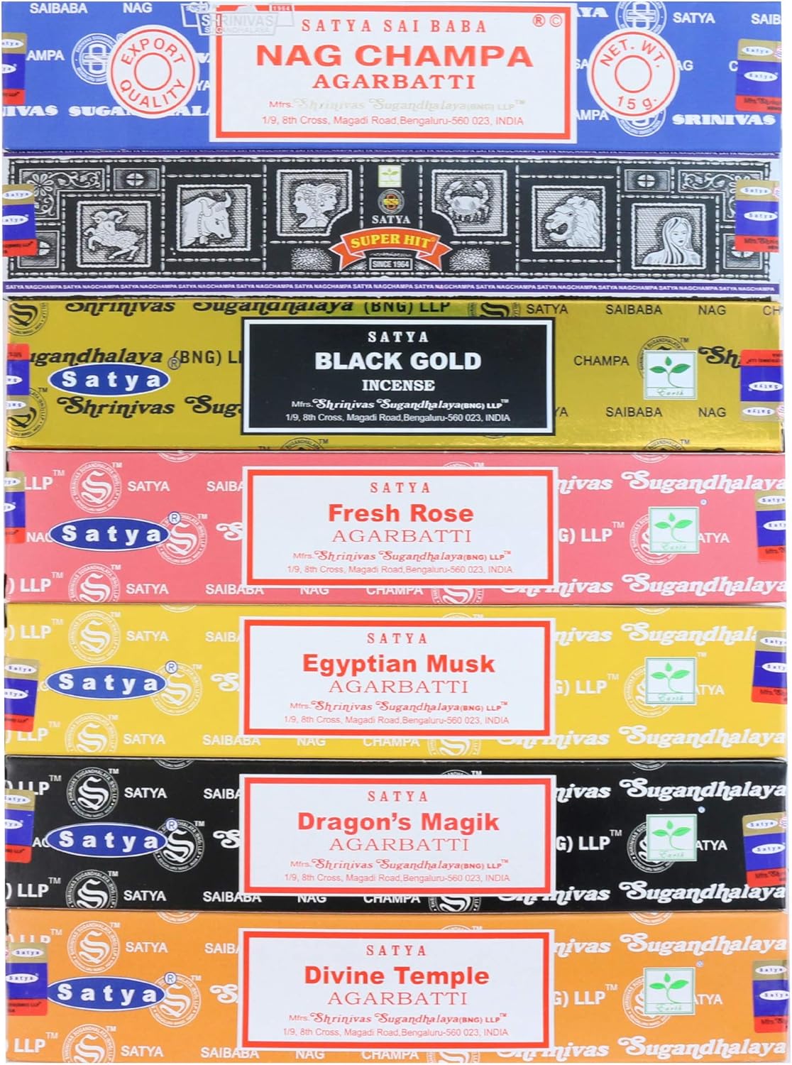 Satya Incense Gift Set Nag Champa, Super hit, Dragon's Blood, Sandalwood, Patchouli, Lavender, Positive Vibes, 15 g