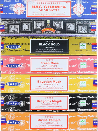 Satya Incense Gift Set Nag Champa, Super hit, Dragon's Blood, Sandalwood, Patchouli, Lavender, Positive Vibes, 15 g