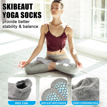 SkiBeaut Grips Non Slip Socks for Women, 4 Pairs Yoga Pilates Anti Skid Woman Hospital Gripper Socks (5-12)