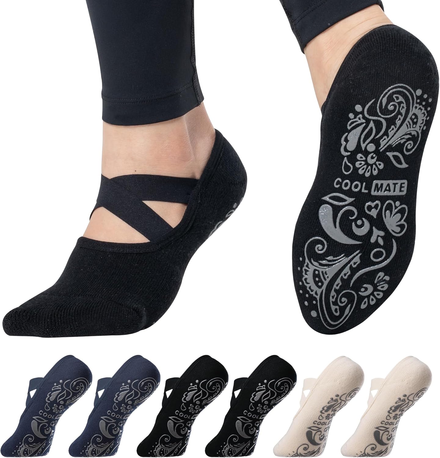COOLMATE Pilates Socks with Grips for Women, Yoga Socks, Crew Non Slip Women for Barre, Pilates Gifts for Women - Colors A