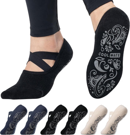 COOLMATE Pilates Socks with Grips for Women, Yoga Socks, Crew Non Slip Women for Barre, Pilates Gifts for Women - Colors A