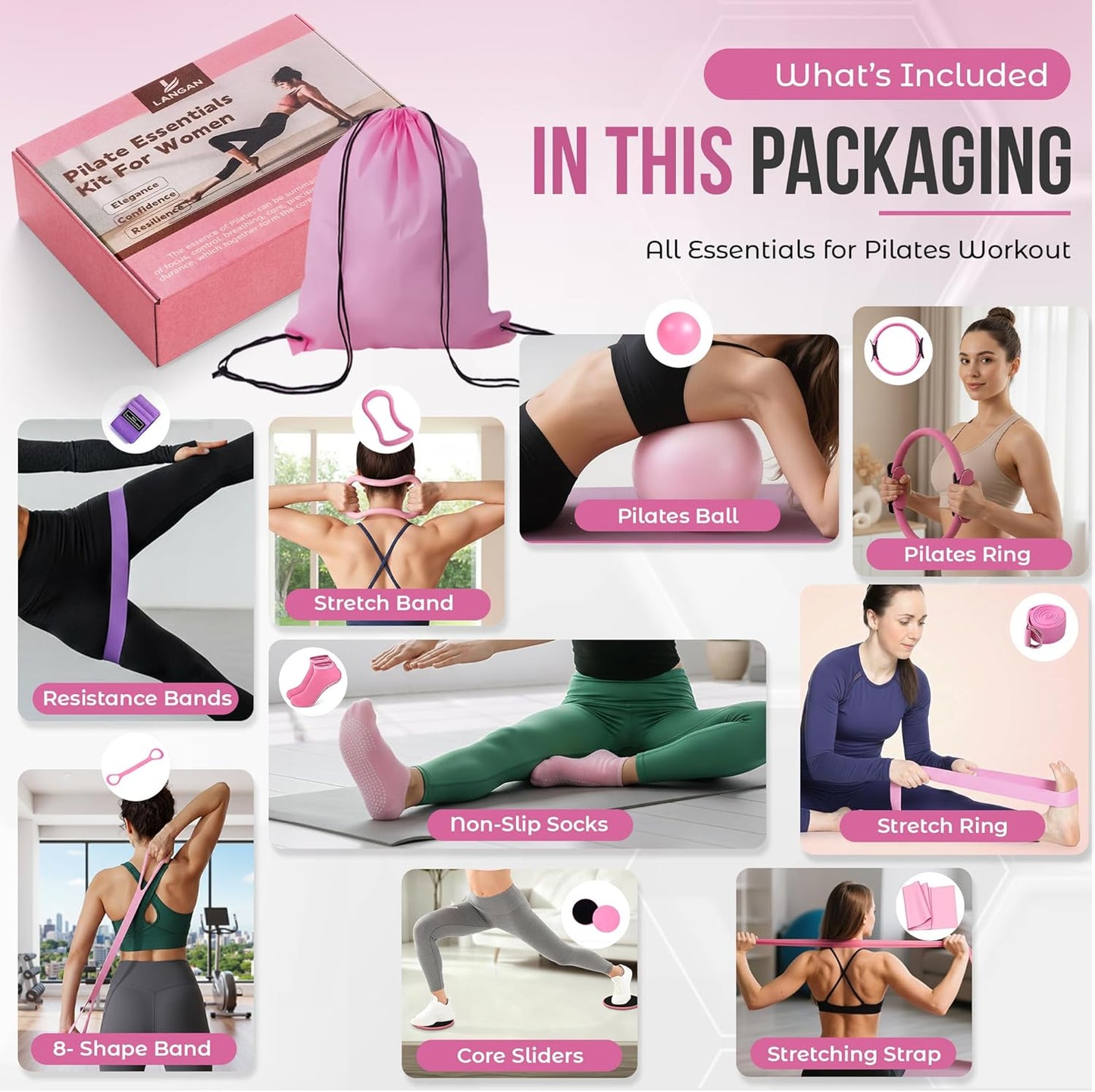 Home Pilates Kit for Women & Men | 15Pcs Better Me Pilates Kit with 14 Inches Pilates Ring and Ball Set, Resistance Bands, Core Sliders, Bag - Full Body Exercise Home Pilates Workout Kit