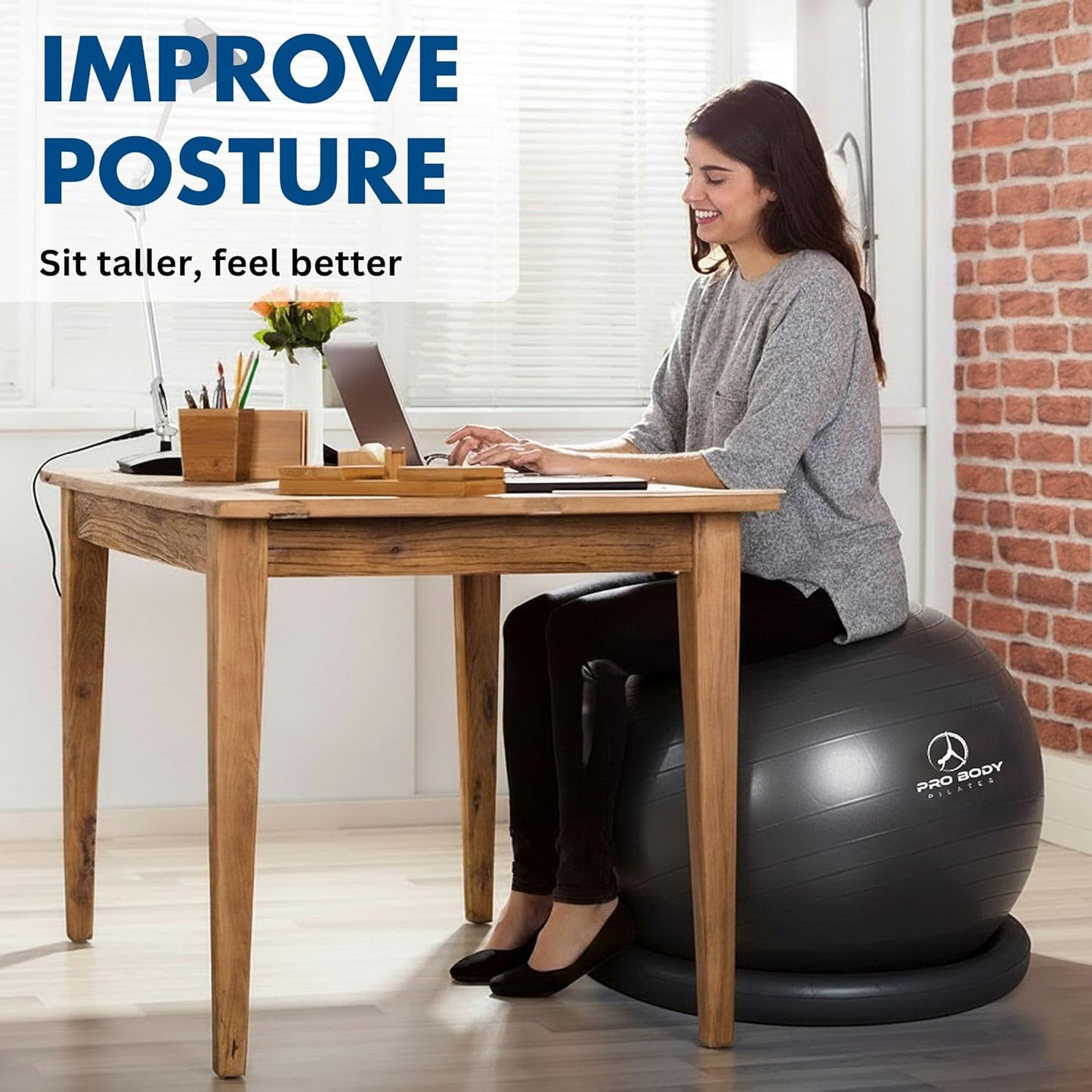 ProBody Pilates Yoga Ball Chair, Exercise Ball Chair with Base or Stand for Home Office Desk Sitting or Workout, Balance Ball & Stability Ball Seat for Back, abs