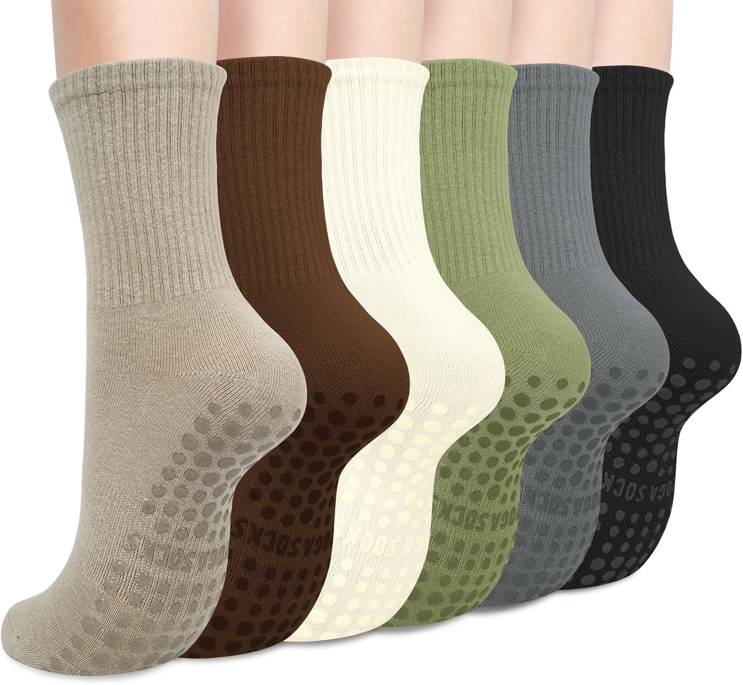 Justay 6 Pairs Pilates Socks with Grips for Women Soft Non Slip Crew Cotton Athletic Workout Barre Hospital Yoga Socks