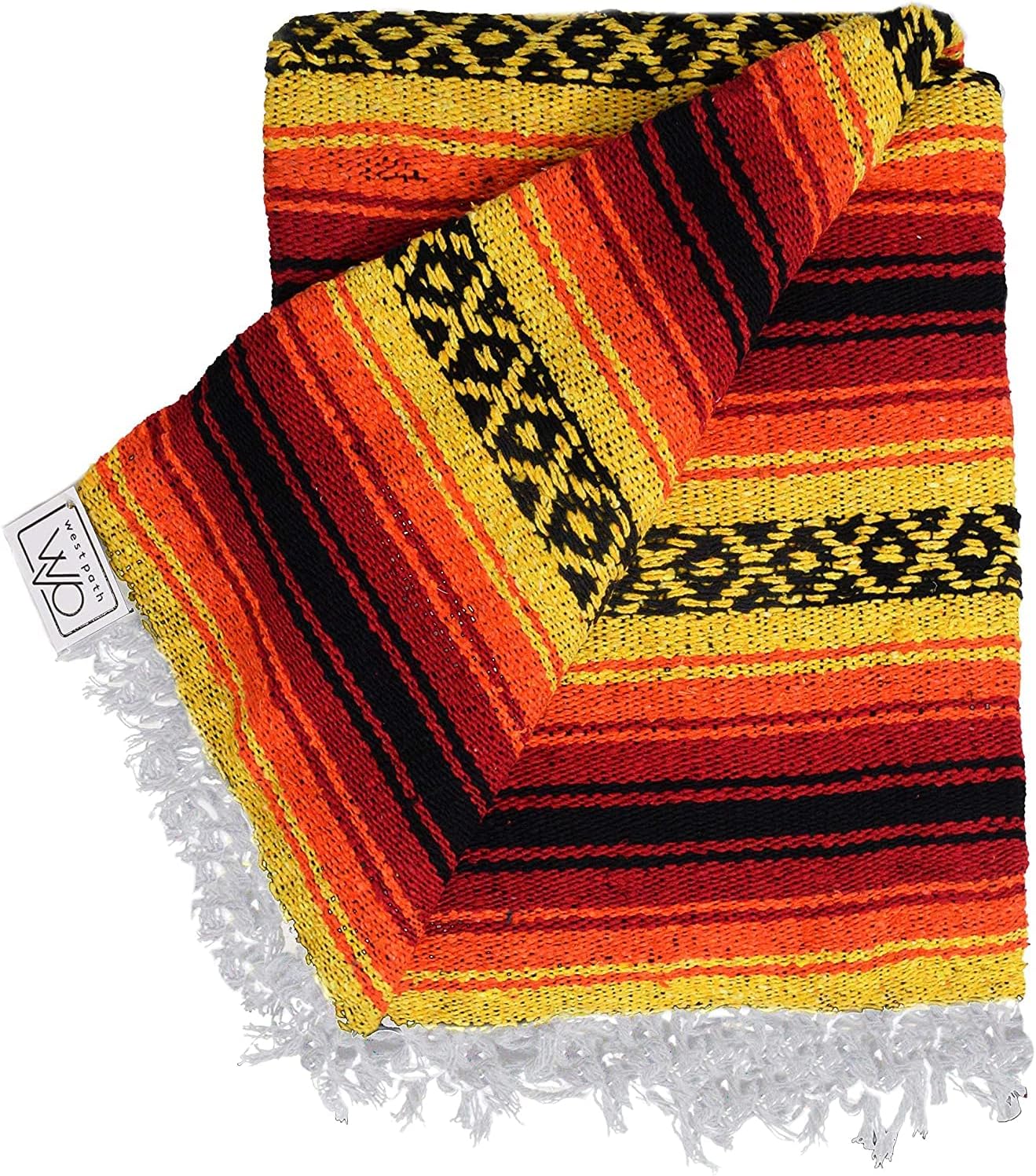 Open Road Goods Heavyweight Mexican Falsa Yoga Blanket, Extra Thick with Stripes - Great Beach, Picnic, or Throw - Handmade Sunfire Red, Orange, and Black Colors
