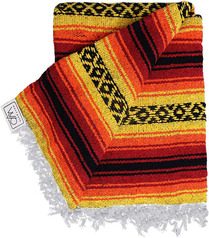 Open Road Goods Heavyweight Mexican Falsa Yoga Blanket, Extra Thick with Stripes - Great Beach, Picnic, or Throw - Handmade Sunfire Red, Orange, and Black Colors
