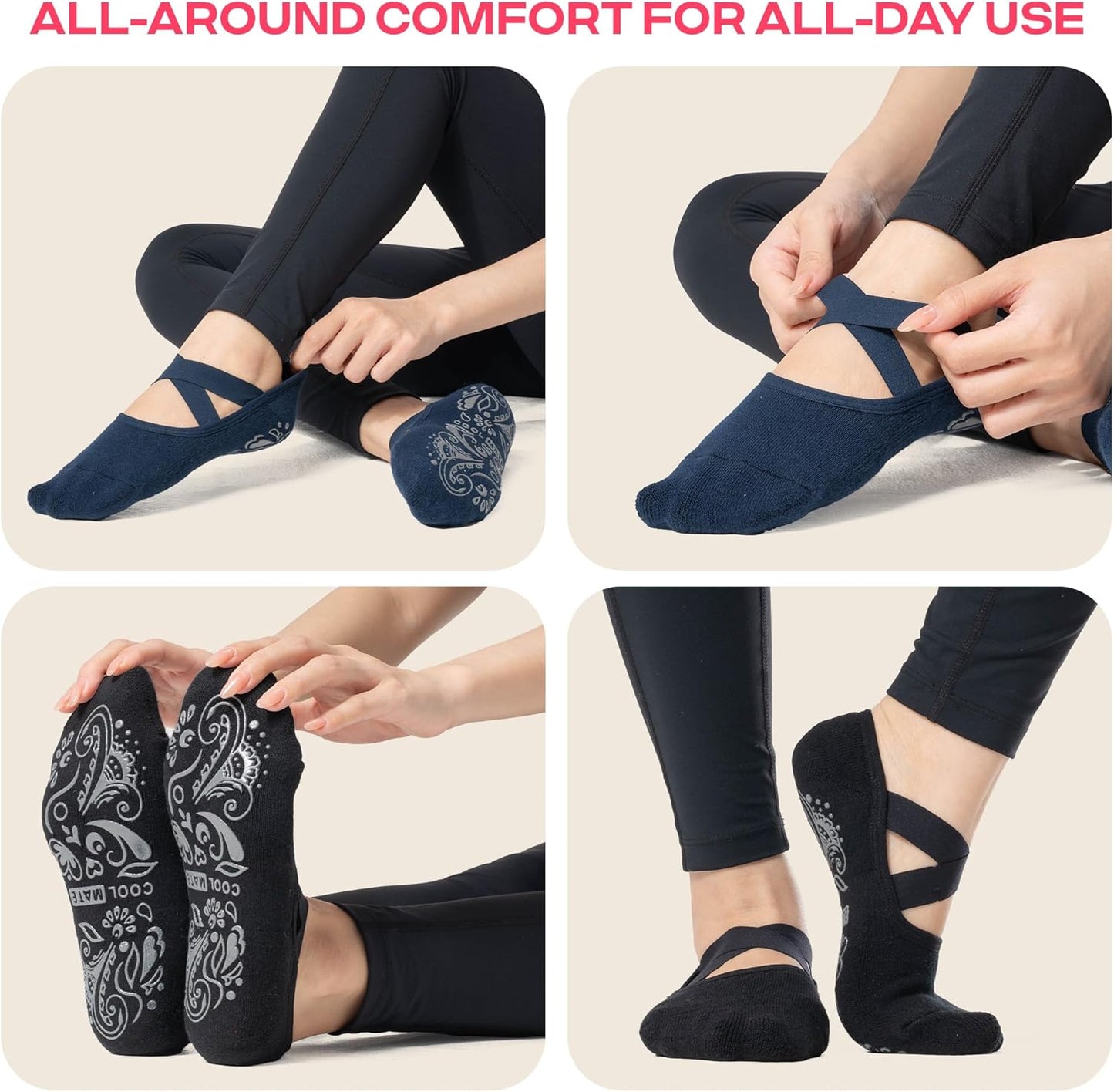 COOLMATE Pilates Socks with Grips for Women, Yoga Socks, Crew Non Slip Women for Barre, Pilates Gifts for Women - Colors A