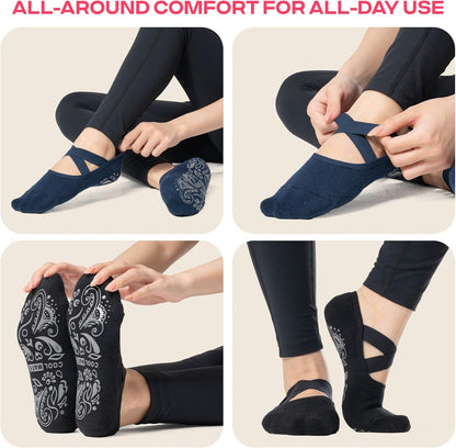 COOLMATE Pilates Socks with Grips for Women, Yoga Socks, Crew Non Slip Women for Barre, Pilates Gifts for Women - Colors A
