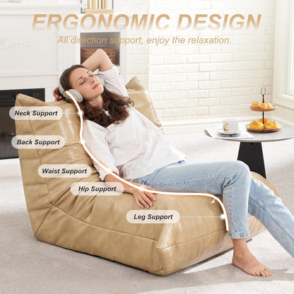 Hobestluk Giant Bean Bag Chair Lazy Floor Sofa, Memory Foam Fireside Sofa for Adults, Big Beanbag Faux Leather Armless Chair for Living Room Bedroom Dorm Office (Brown, Single)