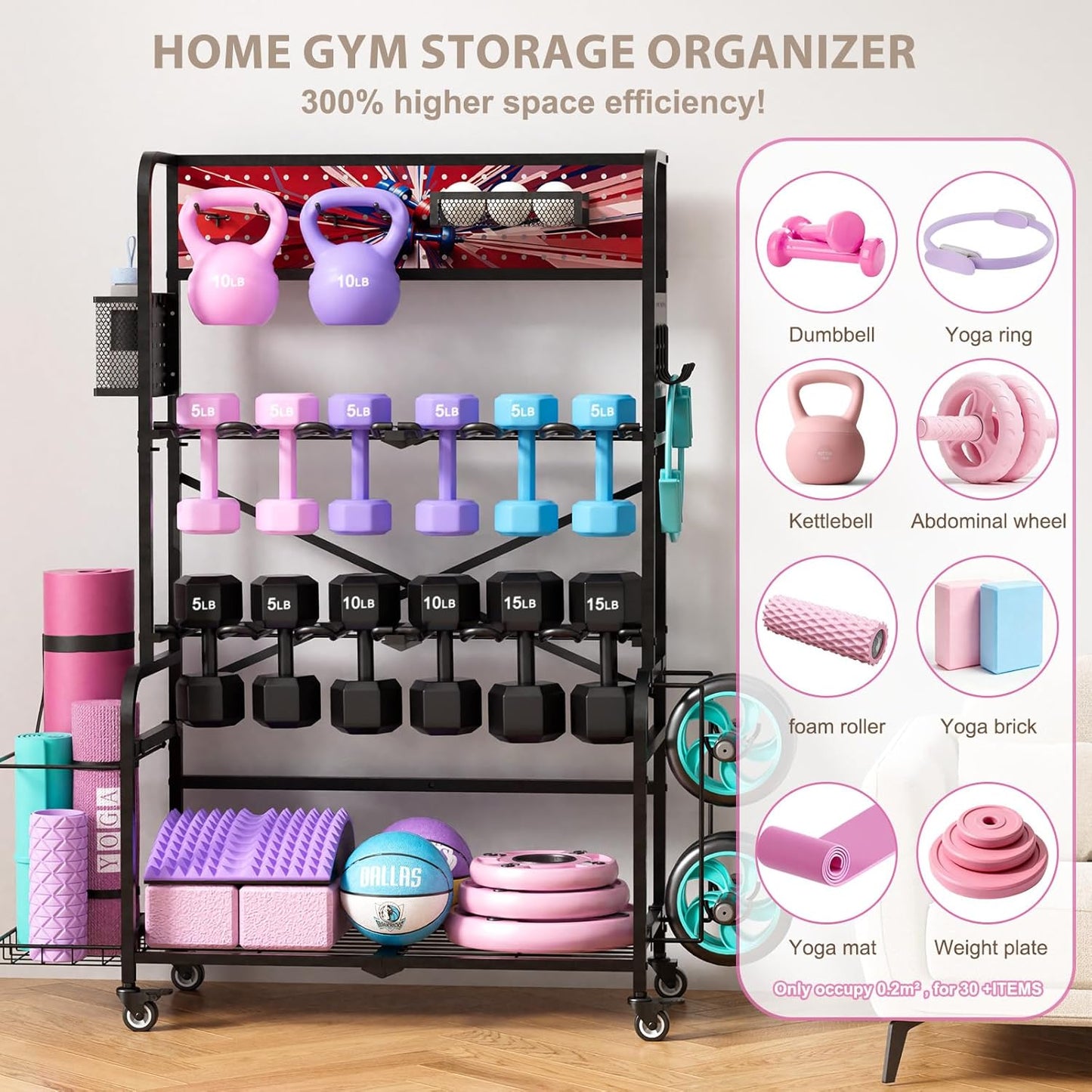 Heavy Duty Dual-Row Dumbbell Rack with Wheels, Home Gym Vertical Storage Stand with Yoga Mat Storage, Space Saving Fitness Equipment Organizer for Home Workout