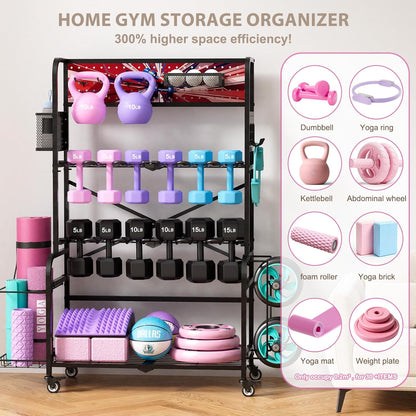 Heavy Duty Dual-Row Dumbbell Rack with Wheels, Home Gym Vertical Storage Stand with Yoga Mat Storage, Space Saving Fitness Equipment Organizer for Home Workout