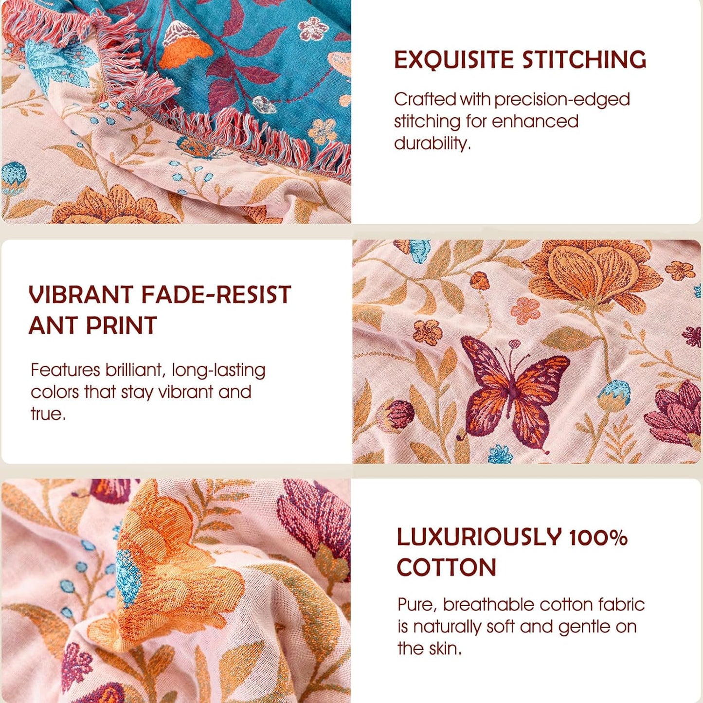 Boho Throw Blanket - 100% Cotton Soft Summer Throw Blanket for Bed, 50"x60" Reversible Breathable Lightweight Blankets, All Seasons Farmhouse Decor Floral Plant Butterfly Throw Quilt