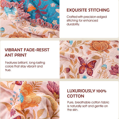 Boho Throw Blanket - 100% Cotton Soft Summer Throw Blanket for Bed, 50"x60" Reversible Breathable Lightweight Blankets, All Seasons Farmhouse Decor Floral Plant Butterfly Throw Quilt