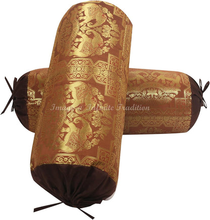 Ethnic Living Room Decorative Bolster Tube Pillow Covers Cylindrical Brown Yoga Couch Round Cushion Cover Silk Double Elephant Throw Pillow Case 30x15 inch (76x38cm) - 2 Pc.