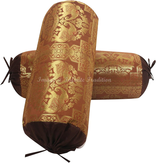 Ethnic Living Room Decorative Bolster Tube Pillow Covers Cylindrical Brown Yoga Couch Round Cushion Cover Silk Double Elephant Throw Pillow Case 30x15 inch (76x38cm) - 2 Pc.
