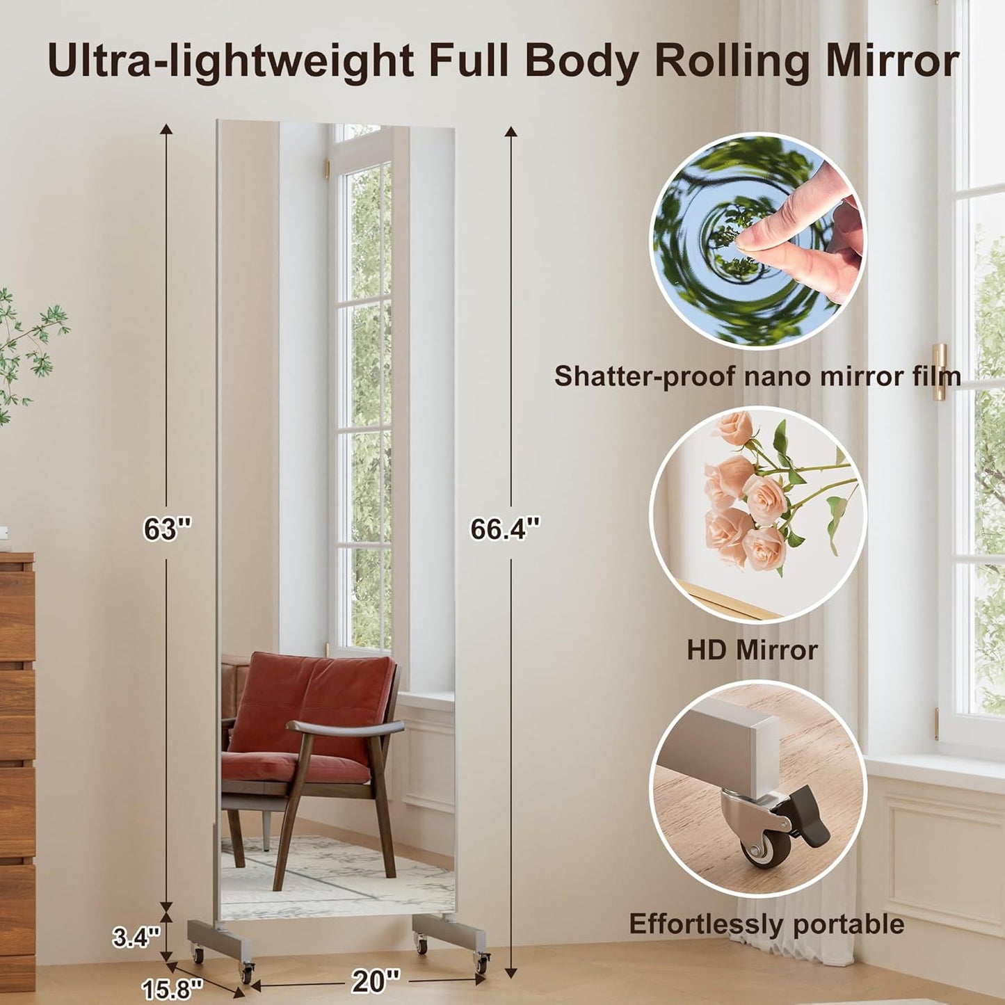 brisafe 67"x24" Ultra-Light Mobile Floor Mirror with 360° Wheels, 0.04mm Shatterproof Nano Film for Home Gym/Yoga/Dance Studio & Commercial Use | 60% Insurance Savings | Black