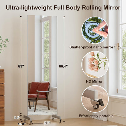 brisafe 67"x24" Ultra-Light Mobile Floor Mirror with 360° Wheels, 0.04mm Shatterproof Nano Film for Home Gym/Yoga/Dance Studio & Commercial Use | 60% Insurance Savings | Black
