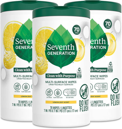 Seventh Generation Multi-Surface Wipes, 70 Count, Pack of 3, Garden Mint, Plant-Based Cleaning Wipes, No Harsh Fumes or Residue, Safe Around Kids