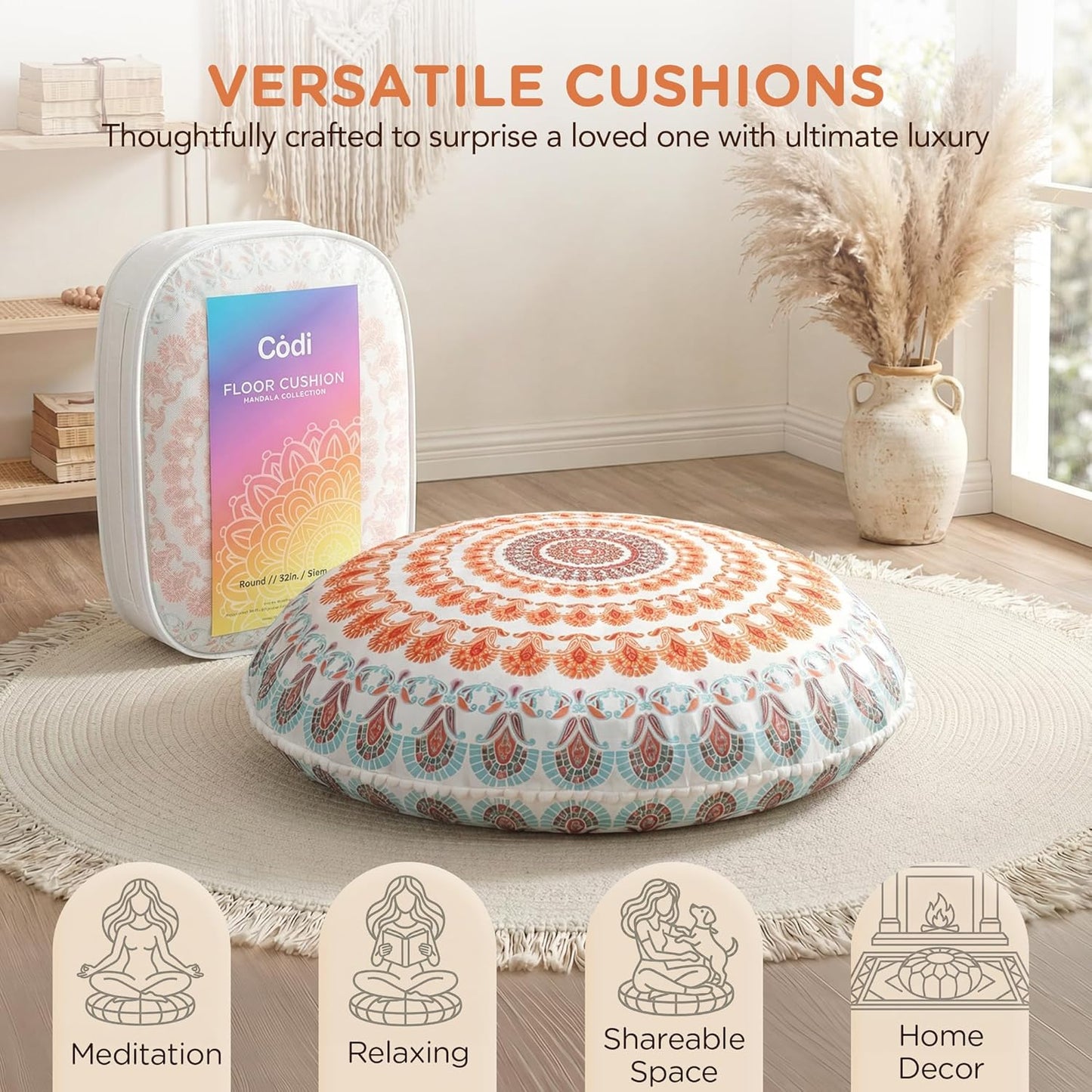 Codi Meditation Floor Pillow Set of 2, Round Large Pillows Seating for Adults, Bohemian Mandala Circle Cushion for Outdoor Fireplace Yoga Living Room, 32 Inch, Memory Foam Added, Purple Orchid NEW