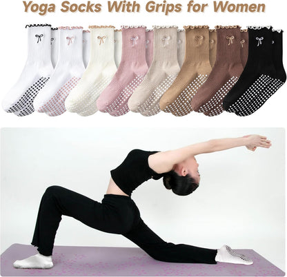 Grip Socks Pilates,4/6Pairs Cotton Cute Pilates Socks for Women, Ruffle Grippy Sock for Yoga Barre Hospital 5-10in