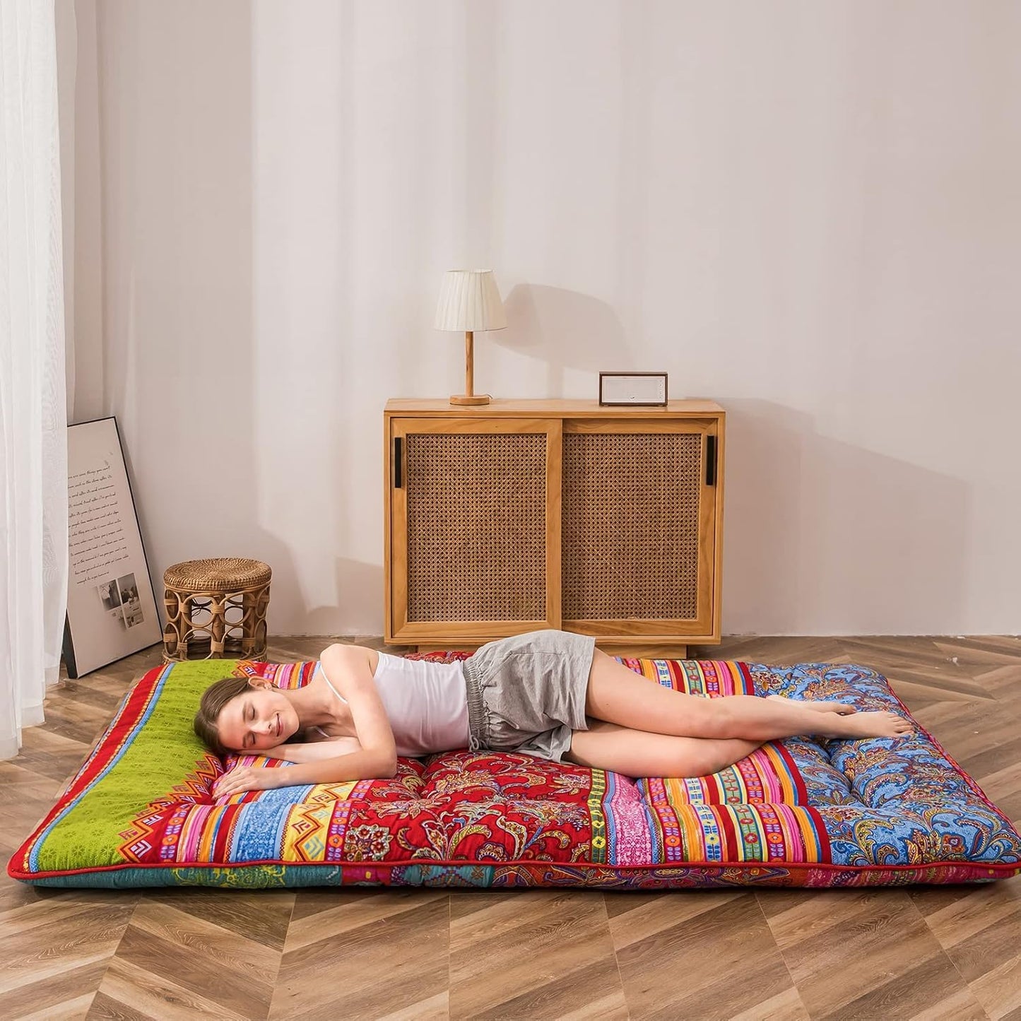 MAXYOYO Bohemian Retro Mattress Boho Floral Japanese Futon Mattress Tatami Floor Mat Foldable Portable Camping, Sleeping Pad, Lounger Couch Bed Full Size