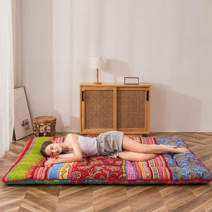 MAXYOYO Bohemian Retro Mattress Boho Floral Japanese Futon Mattress Tatami Floor Mat Foldable Portable Camping, Sleeping Pad, Lounger Couch Bed Full Size