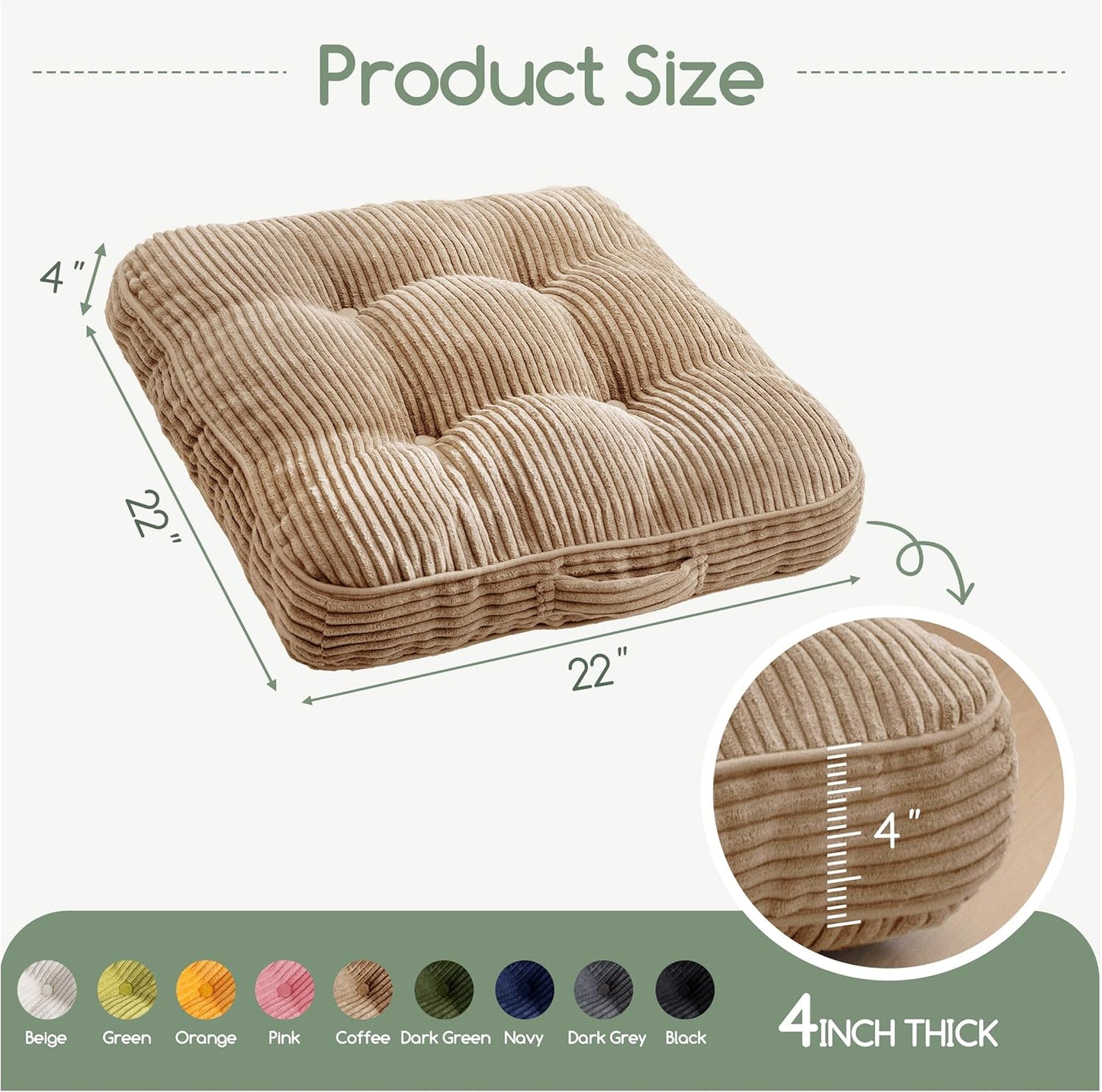 HIGOGOGO Floor Pillow Cushion for Adults, Meditation Cushion Pillow, Large Square Floor Sitting, Tufted Corduroy Cover, for Tatami Living Room or Yoga, 22x22 Inch, Dark Grey