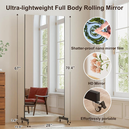brisafe 67"x24" Ultra-Light Mobile Floor Mirror with 360° Wheels, 0.04mm Shatterproof Nano Film for Home Gym/Yoga/Dance Studio & Commercial Use | 60% Insurance Savings | Black