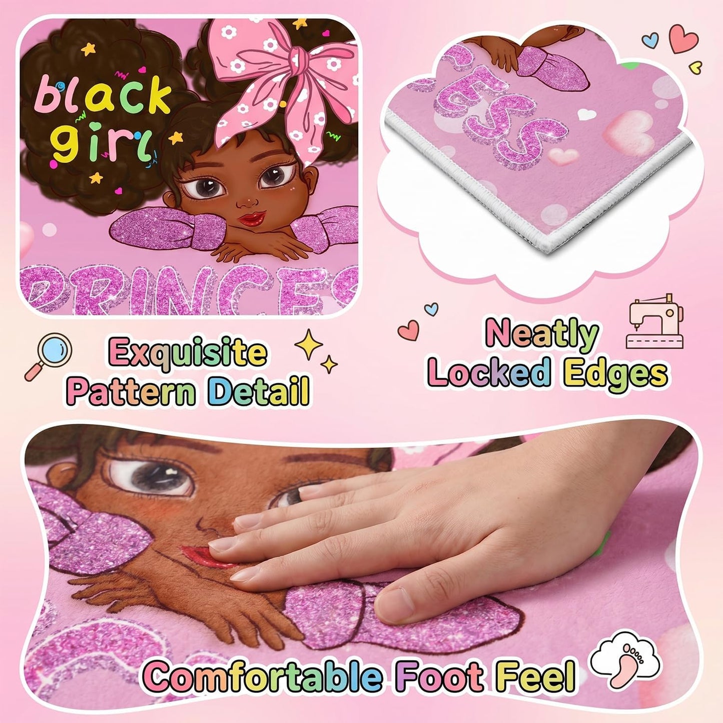 Black Girl Area Rug for Bedroom African American Rugs for Room Princess Carpet Kids Rugs for Bedroom African Girls Carpet for Living Room Teen Girls Yoga Mats, Pink, 4'×5'