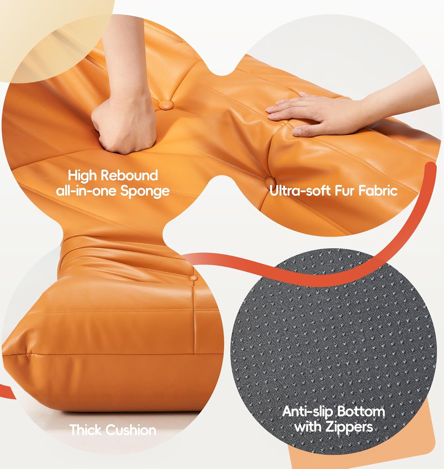 Hobestluk Giant Bean Bag Chair Lazy Floor Sofa, Memory Foam Fireside Sofa for Adults, Big Beanbag Faux Leather Armless Chair for Living Room Bedroom Dorm Office (Brown, Single)