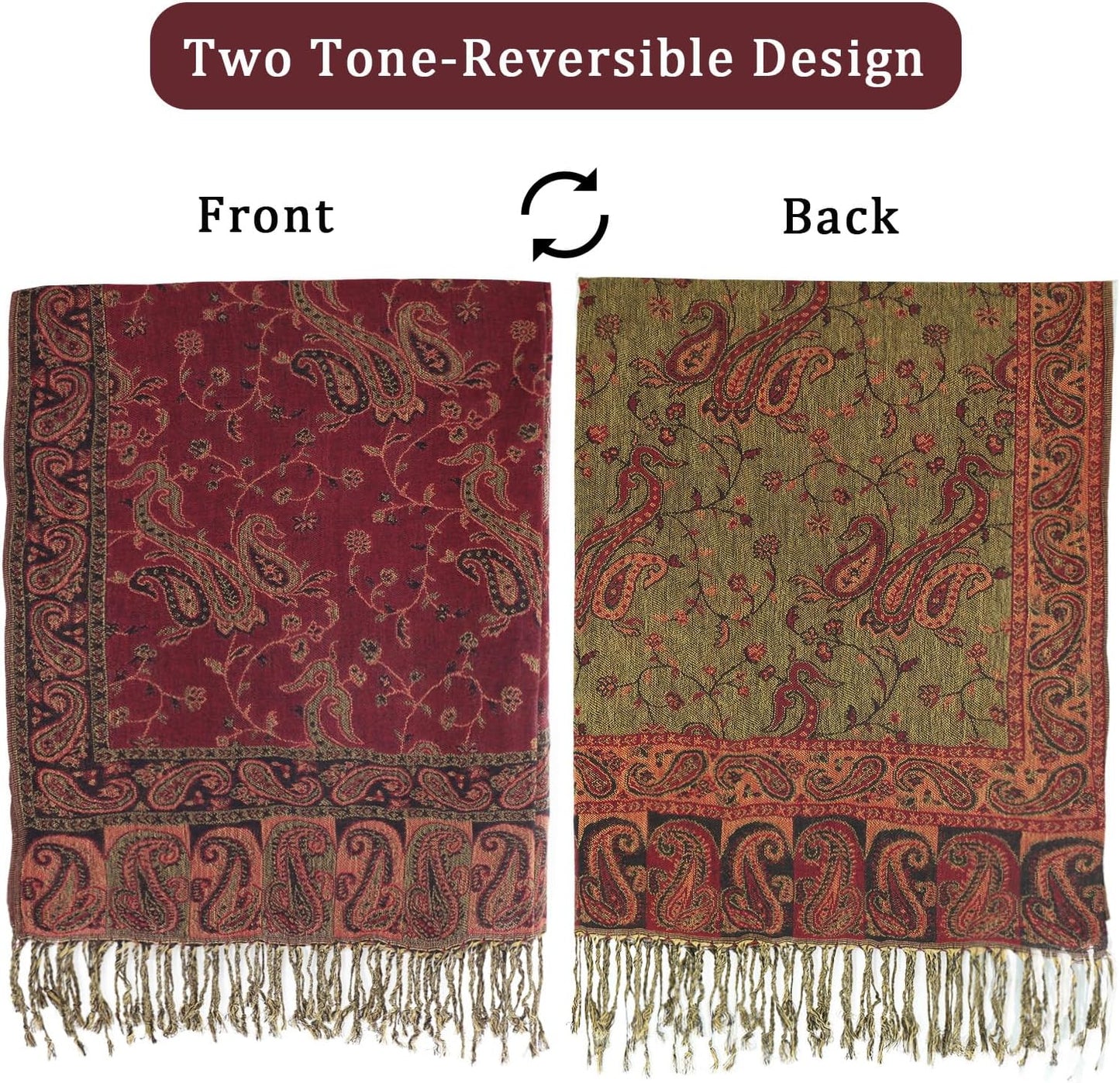 Ciormis Two Tone Silky Paisley Pashmina Shawl Scarf,Soft Women's Rave Jacquard Pashminas Wrap Scarves