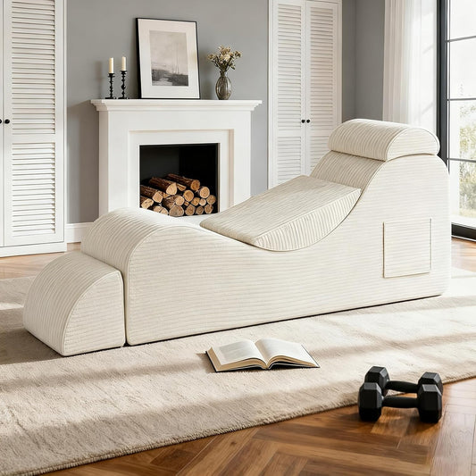 Yoga Chair for Adult, Chaise Lounge Chair with Headrest, Waist Pad, Ottoman, Side Pocket, High Density Foam and Non-Slip Bottom, Yoga Chair for Stretching Exercise, Massage, and Relaxation (Beige)