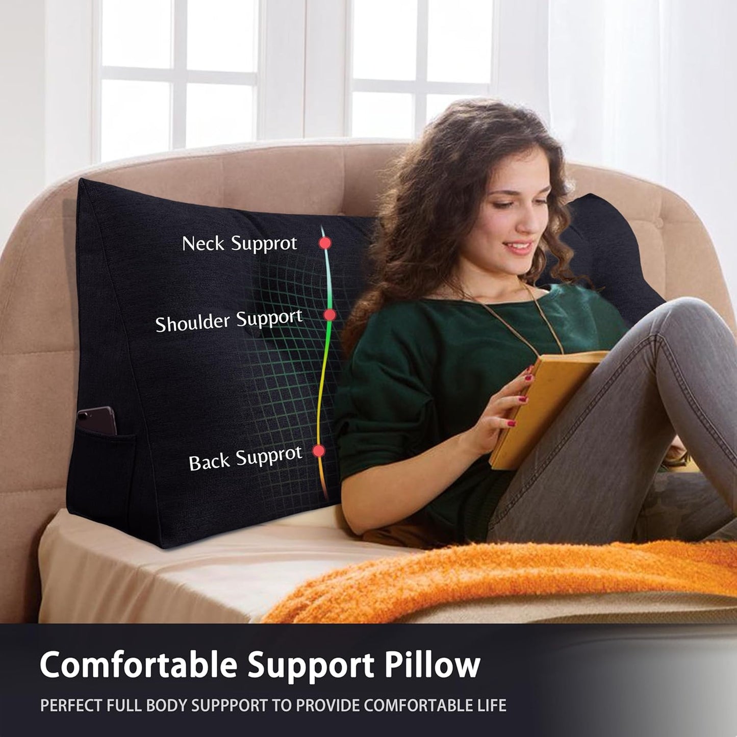 Cotton Linen Daybed Pillow Large Filled Triangular Soft Headboard Wedge Cushion Bed Backrest Positioning Support Reading Pillow for Adult Shoulder Lumbar Leg Bolster（Yellow, Small）