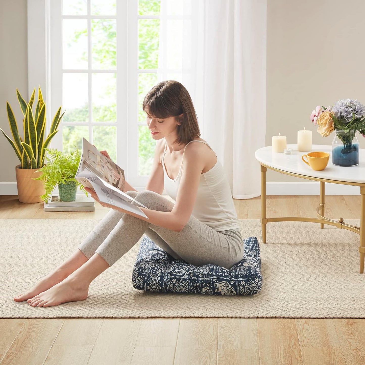 Codi Boho Floor Pillow, Large Meditation Cushion for Adults, Square Pillows Seating for Yoga Living Room Tatami Sitting Home Decor, Memory Foam Added, 22x22 Inch, Multi Patchwork