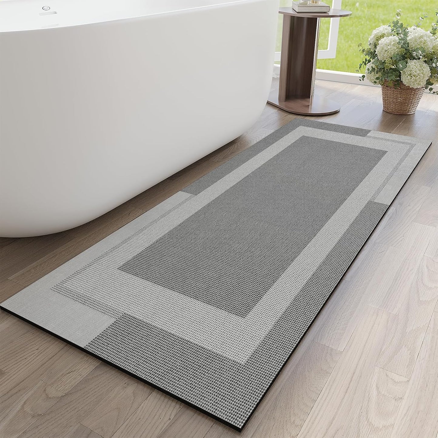 YDKGL Non Slip Long Bath Mat Bathroom Runner, Rubber Backing Ultra Thin Bathroom Rugs Fit Under Door Quick Dry Super Absorbent Washable Bath Rug Shower Mat for Bathtub Sink Floor, Dark Gray 17"x47"