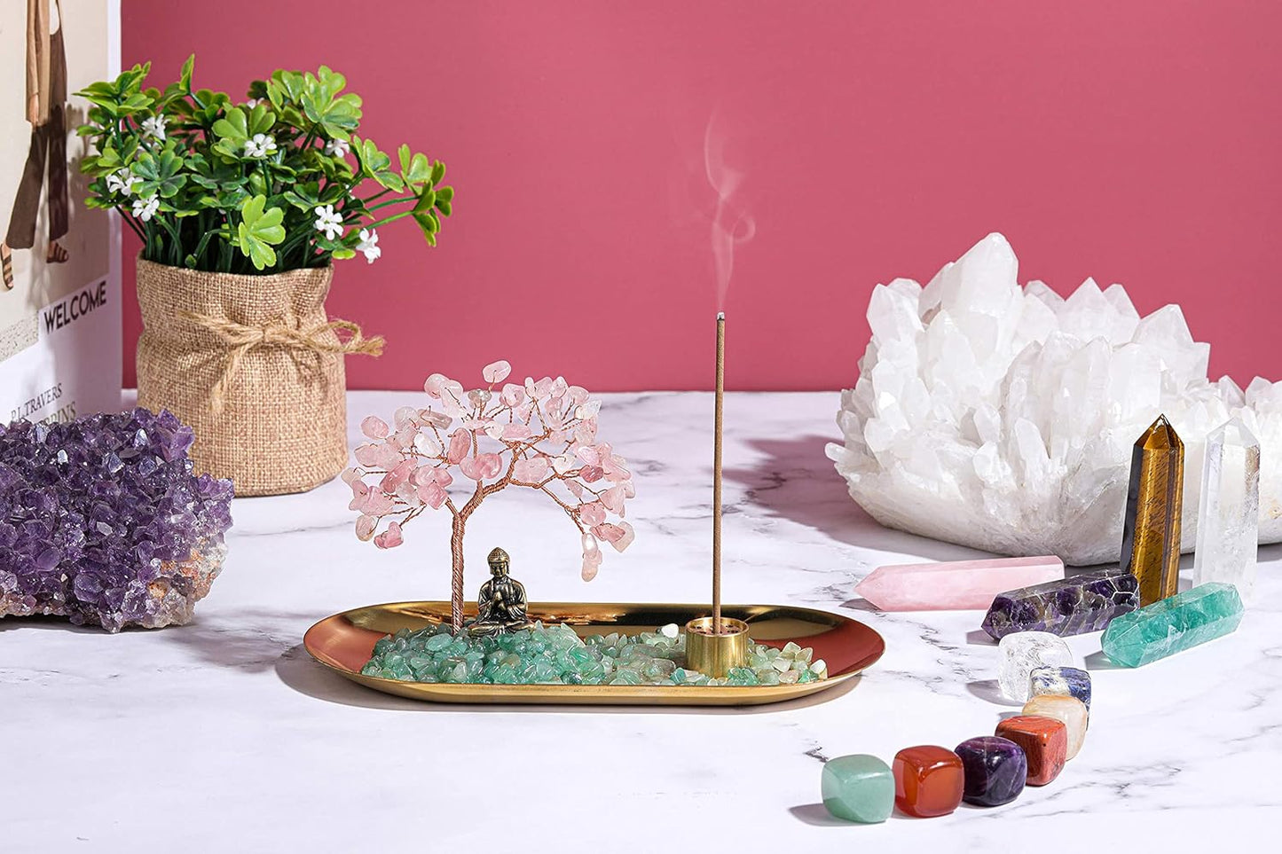 Jovivi Crystal Incense Holder for Sticks, Mixed Healing Crystal Stone Money Tree Buddha Statue Set Incense Burner, Incense Trays for Wealth, Good Luck,Yoga Meditation Home Decor
