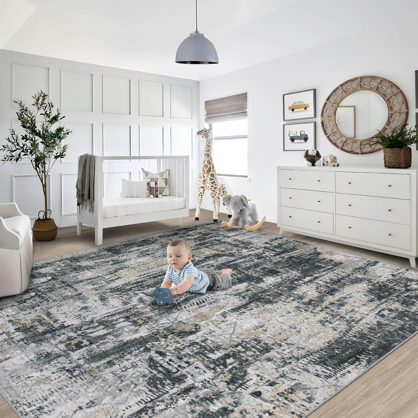XLUEZ 8x10 Area Rugs for Living Room, Washable Modern Abstract Large Area Rug Neutral Soft Non Slip Kids Rug Stain Resistant Indoor Carpet for Bedroom Nursery Dining Children's Room(Blue, 8'x10')