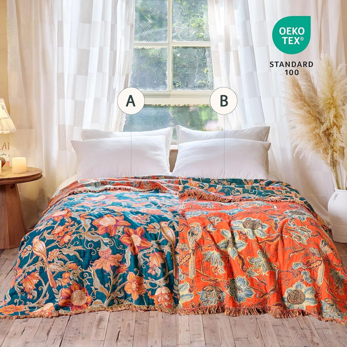 Boho Throw Blanket - 100% Cotton Soft Summer Throw Blanket for Bed, 50"x60" Reversible Breathable Lightweight Blankets, All Seasons Farmhouse Decor Floral Plant Butterfly Throw Quilt